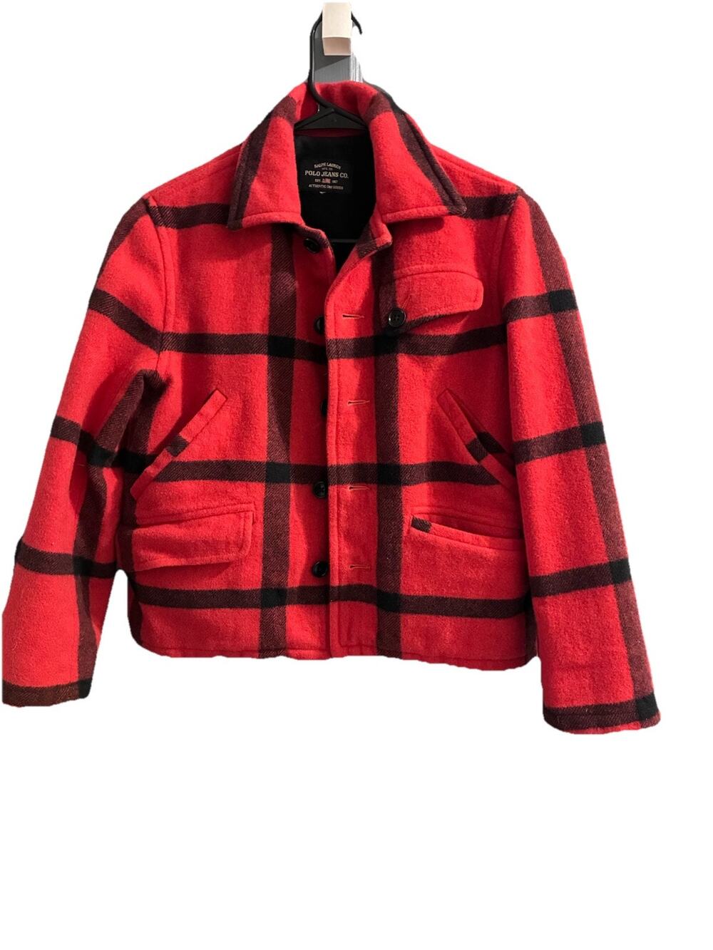 VINTAGE Ralph Lauren Polo Jeans Co. Red Black Check Wool Blend Coat Jacket *XS/S